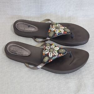 Cato Embellished Brown Sandals Women's Beaded Casual Seashell Flat